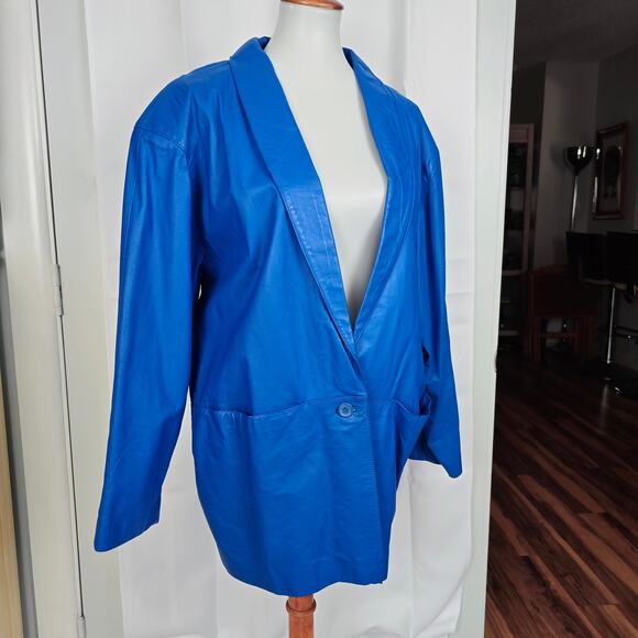 80s Retro Blue Leather Blazer Jacket Vintage Size L - Picture 2 of 16